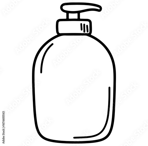 This hand-drawn illustration features a pump bottle designed for lotion or soap. The minimal design emphasizes cleanliness and simplicity, ideal for various uses.