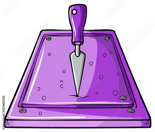 Purple planter with gardening trowel stuck in soil cartoon illustration for planting hobbies