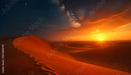 Golden Sands at Sunset: A breathtaking image captures the expansive allure of a desert at sunset, with towering sand dunes illuminated by the golden light. It's a serene and captivating scene.