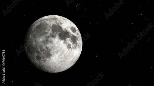 Detailed high-resolution photograph of the full moon showing surface craters and maria with stars in the dark night sky