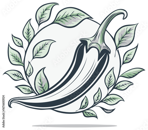 Stylized Hot Chili Pepper Surrounded by a Natural Leaf Wreath Emblem