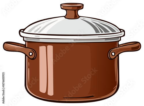 Illustration of a covered brown cooking pot with two handles on white background
