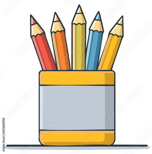 Flat design illustration of colorful drawing pencils in a yellow pencil holder cup