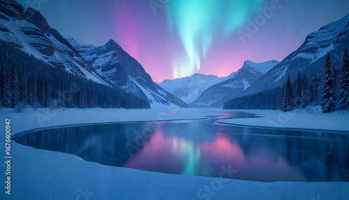 Aurora's Reflection: The awe-inspiring aurora borealis illuminates a frozen landscape, with its vibrant colors mirrored in the tranquil lake below, painting a breathtaking winter scene.
