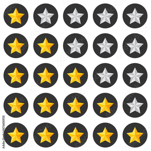 Set of ratings icons from one to five stars. One to five stars rating vector icon set with golden and silver stars on black circle. Collection of review badges for feedback, ranking and rewards.
