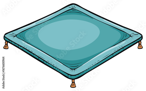 A stylized turquoise cushion or rug with tassels on each corner for comfort and decor