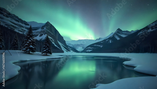 Aurora Borealis over Serene Lake: Capturing the dance of the Northern Lights over a tranquil lake, with snow-capped peaks.