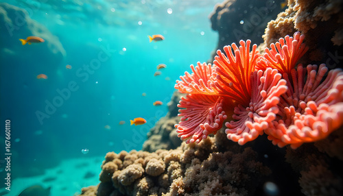 Underwater Coral Paradise: Explore the vivid underwater world of vibrant coral reefs, teeming with life. The intricate details of the coral create a stunning visual spectacle of underwater flora.