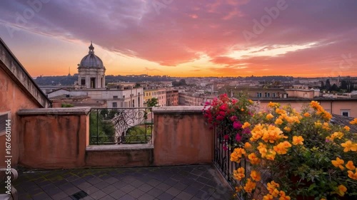 Romantic Rooftop Terrace in Rome at Sunset with Stunning Cityscape View