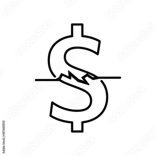 Broken Dollar: A visual representation of financial crisis or economic downturn is presented with a shattered dollar sign. Illustrating concepts of financial struggles.