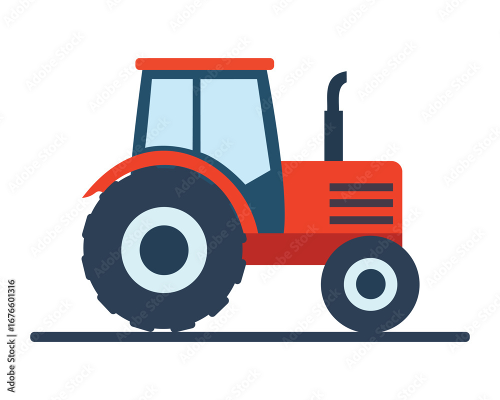Obraz premium Modern red farm tractor flat vector icon for agriculture, farming, and rural business