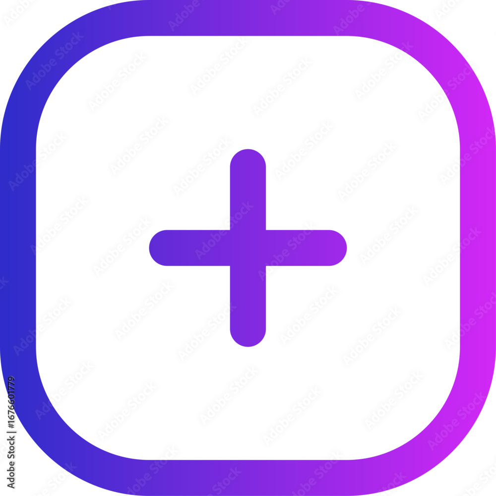 Obraz premium A vibrant purple and pink gradient plus sign icon inside a rounded square, symbolizing adding, creating, and new content for user interface design
