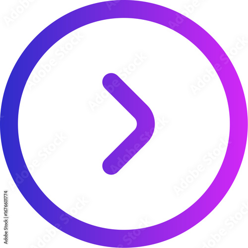 Vector graphic of a play or next button, a chevron arrow pointing right inside a vibrant purple and blue gradient circle for user interface design