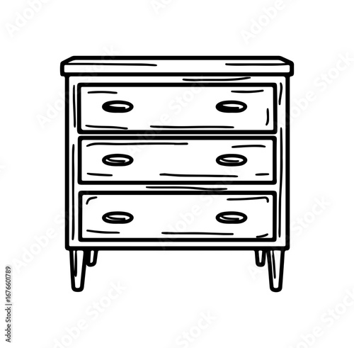 Simple Hand-Drawn Illustration of a Wooden Three-Drawer Dresser