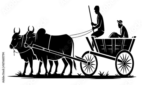 "Indian Bullock Cart Silhouette Vector – Traditional Rural Village Scene with Farmer and Bulls"