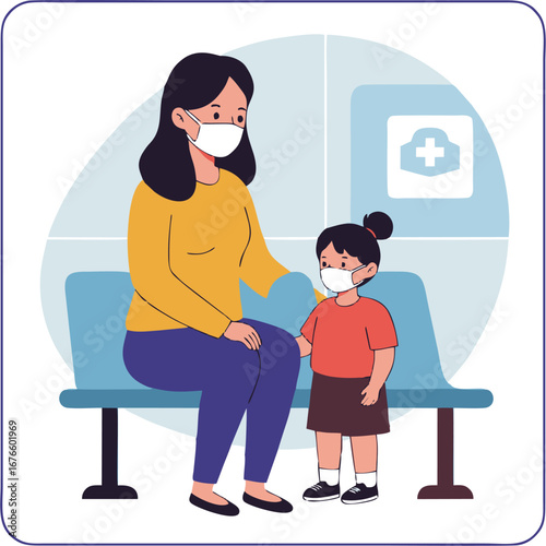Mother and Child Wearing Masks in Hospital Waiting Clean Flat Vector Illustration