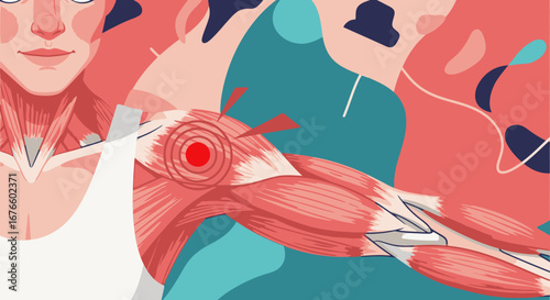 Illustration of Human Arm and Shoulder Muscles with Pain Indication, Representing Injury, Strain, or Discomfort