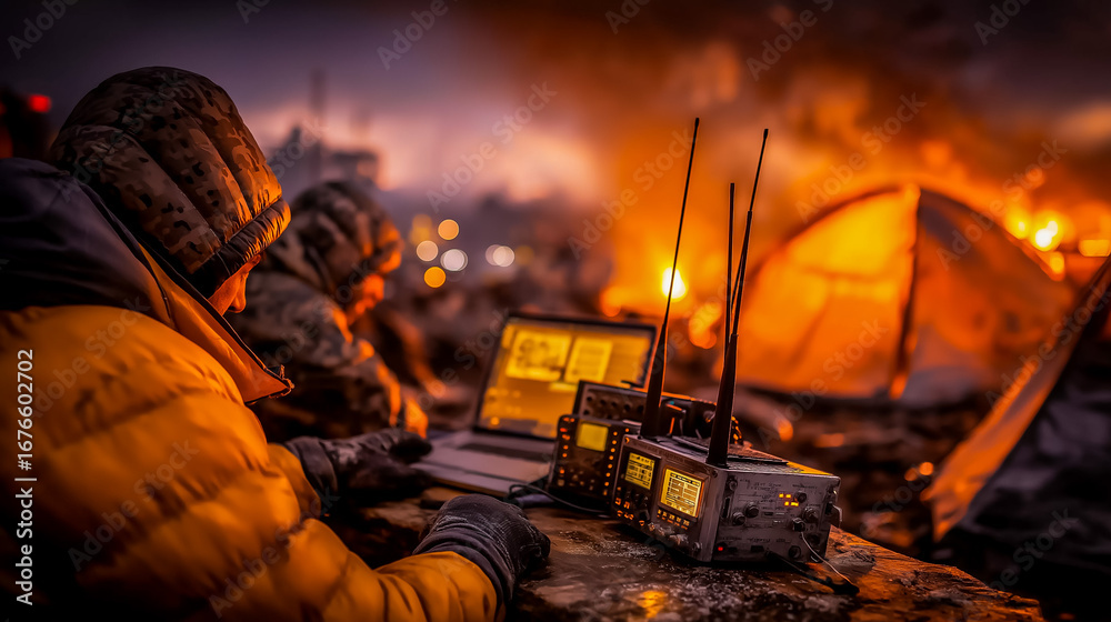 Fototapeta premium Emergency broadcast station with survivors operating amateur radio equipment trying to contact outside world limited battery power