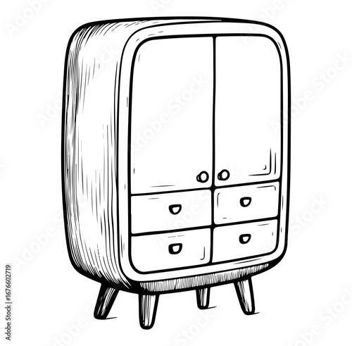 Hand-drawn vintage cabinet featuring a sleek design, with simple lines and four drawers. Perfect for enhancing home interiors and providing stylish storage solutions.