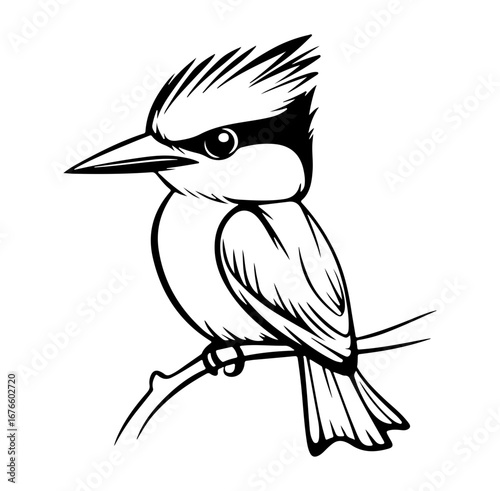 This striking black and white illustration depicts a kookaburra perched gracefully on a branch. Ideal for nature enthusiasts and art lovers, this design captures the essence of wildlife.
