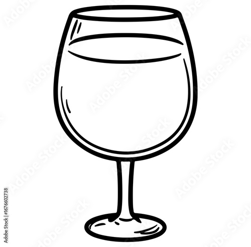 This illustration features an elegant outline of a wine glass filled with clear water, perfect for creative projects, menus, and lifestyle designs.