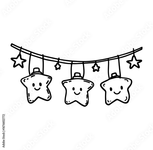Adorable cartoon stars with smiley faces hanging from a string create a joyful and playful design, perfect for decorations and cheerful artwork.