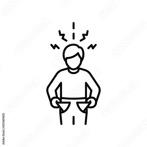 Empty Pocket Agony: Simple line art depicts a man with empty pockets, expressing the burden of financial struggle and the stress of economic strain.