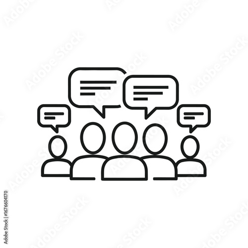 Dialogue in Progress: Simple line art illustrates a group of individuals engaged in a discussion, with speech bubbles conveying their thoughts and ideas, a symbol of communication and interaction.