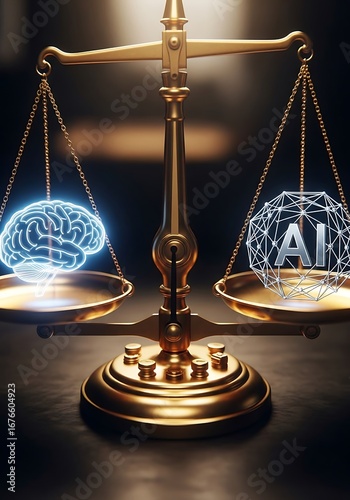 A golden balance scale weighing a glowing blue brain against a wireframe ai structure, representing the balance between human intelligence and artificial intelligence