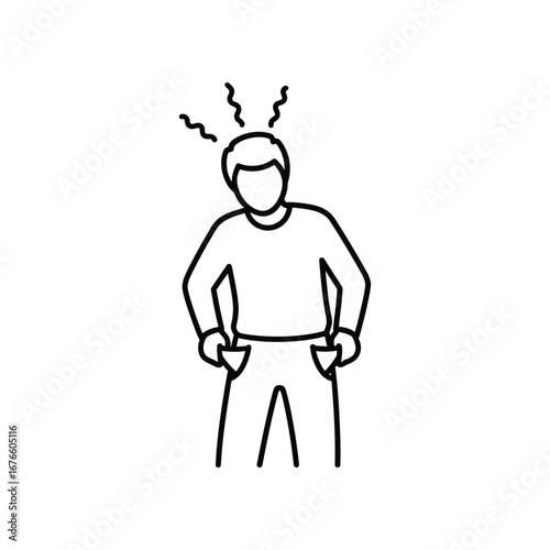 Empty Pocket Blues: A simplified, line-art illustration portrays a man in a state of financial distress, symbolizing economic hardship and the feeling of being broke. 