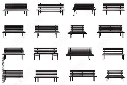 Park Bench Silhouettes and Icons Set