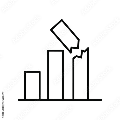 Broken Bar Graph: A stark, minimalist line drawing depicting a bar graph with one broken bar, symbolizing decline, failure, or negative trends in data, emphasizing the concept of loss or downfall.