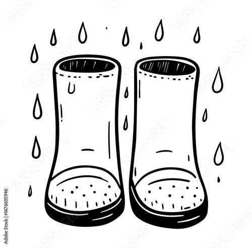 Cartoon Style Rain Boots with Raindrops in Black and White Design