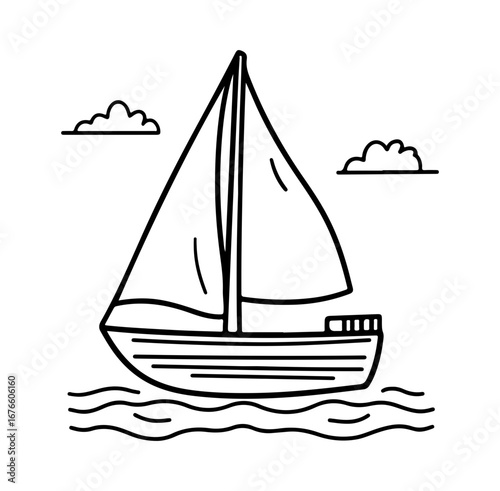 Simple Line Art of Boat with Sail and Clouds in Minimalist Style