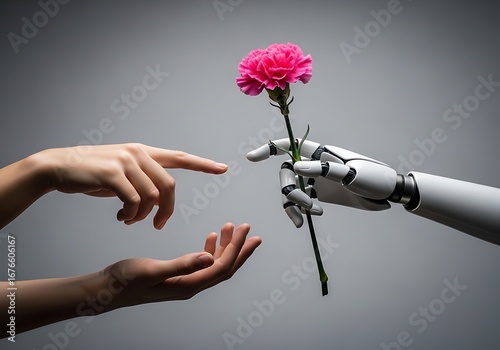 Robot hand giving a pink carnation flower to a human hand, symbolizing the connection between humans and artificial intelligence