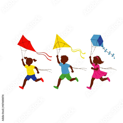 Diverse group of happy children running and flying colorful kites. Vector illustration symbolizing friendship, joy, and the freedom of childhood play