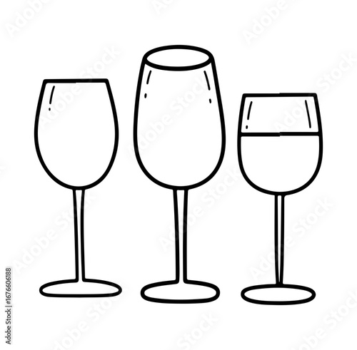 A Set of Hand-Drawn Wine Glasses in Different Shapes and Sizes
