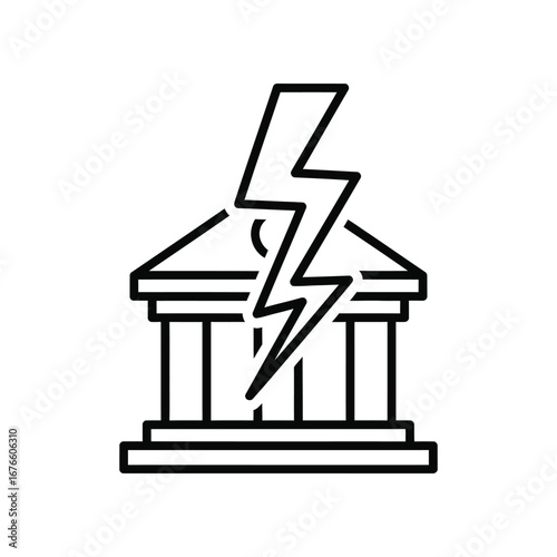 Financial Instability Icon: The image depicts a striking illustration of a courthouse with lightning striking the building, symbolizing the financial and banking sector vulnerabilities