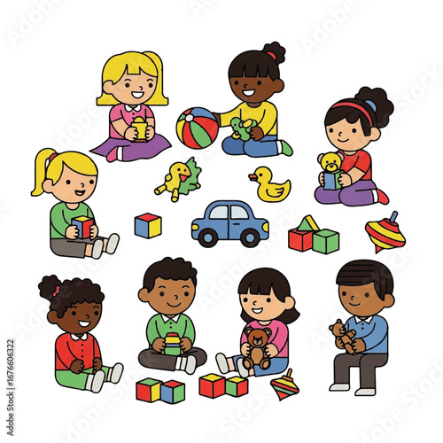 An adorable illustration of a diverse group of multicultural children playing happily together with toys in a kindergarten or daycare setting