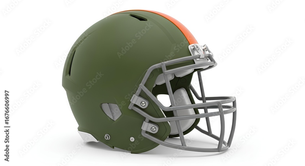 Naklejka premium Side view of a modern olive green and orange American football helmet, a conceptual design for team branding and player safety equipment isolated on a white background