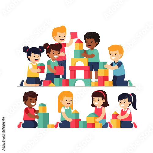 A diverse group of happy children engaged in collaborative play, building towers and structures with colorful toy blocks together