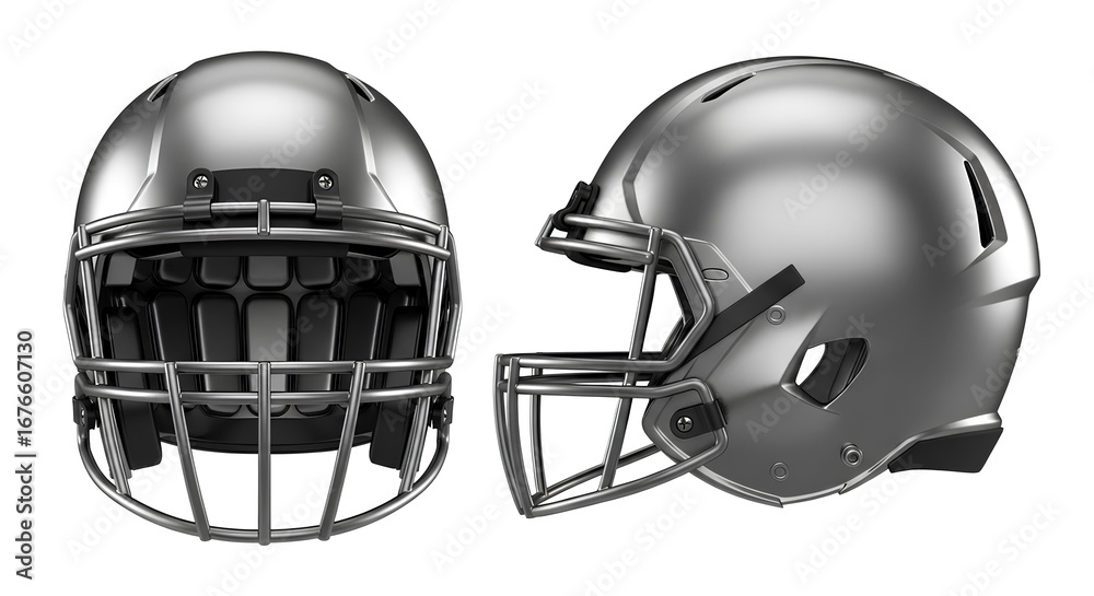 Fototapeta premium Sleek silver football helmet design concept shown from front and side angles, representing team sport competition and athletic protection isolated on a white background
