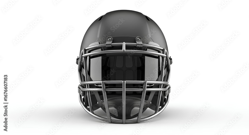 Fototapeta premium Front view of a sleek black American football helmet with a tinted visor, isolated on a white background. A symbol of team sports, protection, and competition