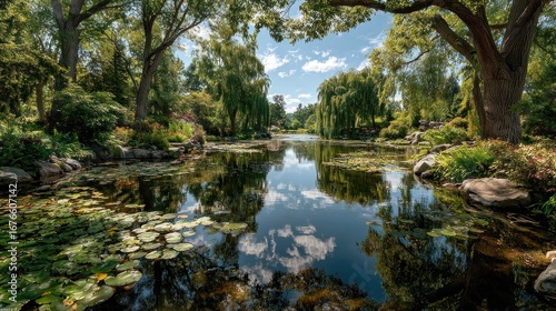 Tranquil water reflection serene garden nature photography bright day landscape view peaceful atmosphere