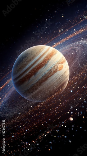 A detailed illustration of the planet Jupiter, set against a backdrop of shimmering stars and a swirling nebula.