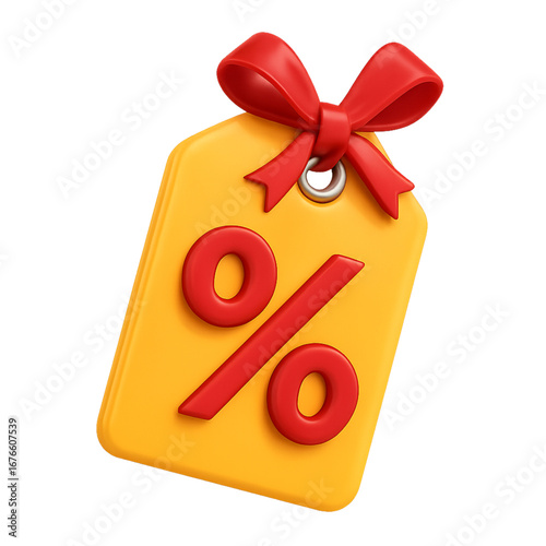 Realistic sale tag with percentage symbol and red bow