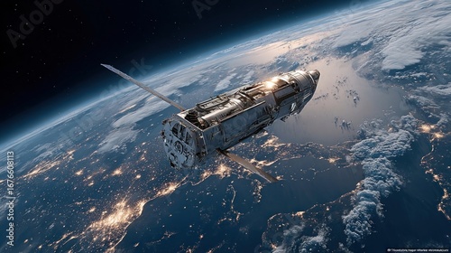 Wallpaper Mural Sleek high-tech satellite orbiting earth amid twinkling stars Torontodigital.ca