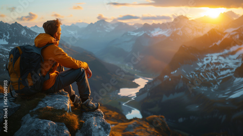 Traveler Resting on Mountain Peak with Panoramic View Hiker Sitting on Rock Overlooking Scenic Landscape