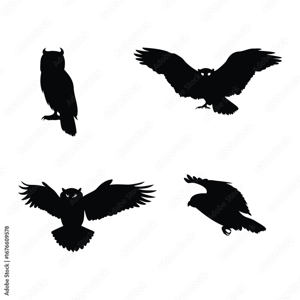 Obraz premium Owl Silhouette Quartet – Perched & Flying Poses in Minimalist Vector Style