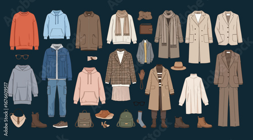 mix 26Fashion clothes set. Garment, accessory for men, women. Different apparel collection. Modern casual dress, pants, jacket, shoes and bags. Flat graphic vector illustration isolated 